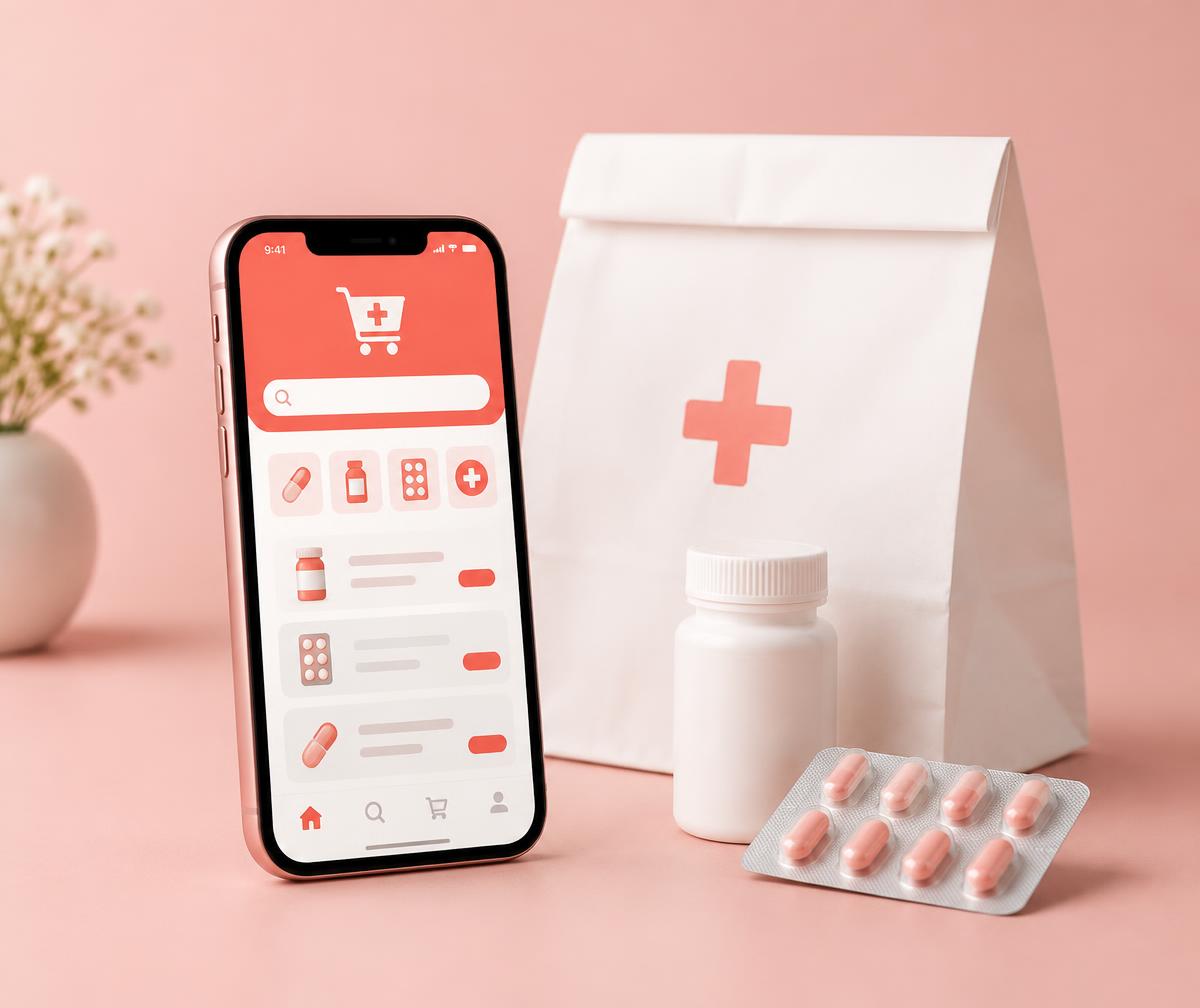 Heliver app on a phone beside a pharmacy delivery bag